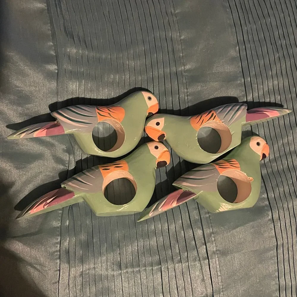 1980s Handpainted Wood Tropical Bird Parrot Napkin Rings Made in the Phillipines